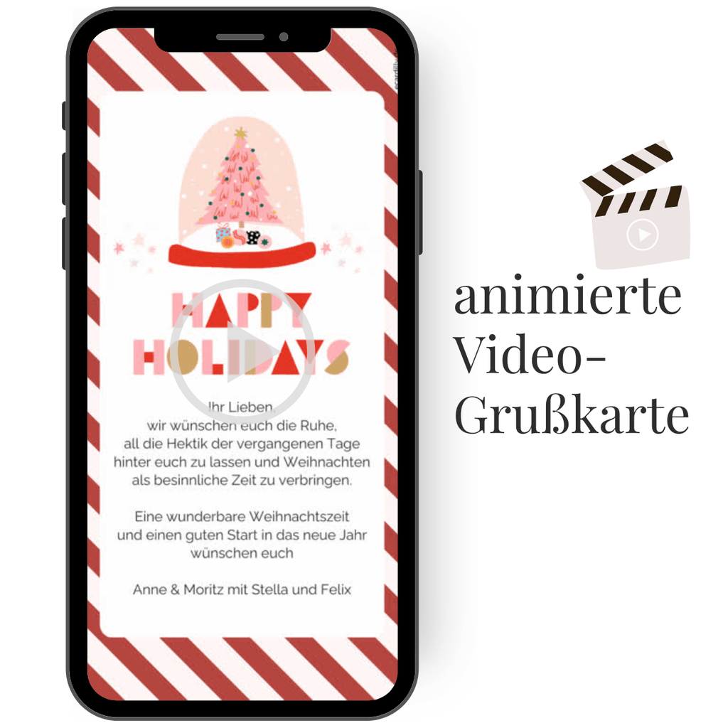 Animiertes Weihnachtsvideo mit bunten Kugeln und Zweigen, personalisierbar mit eigenem Weihnachtsgruß.