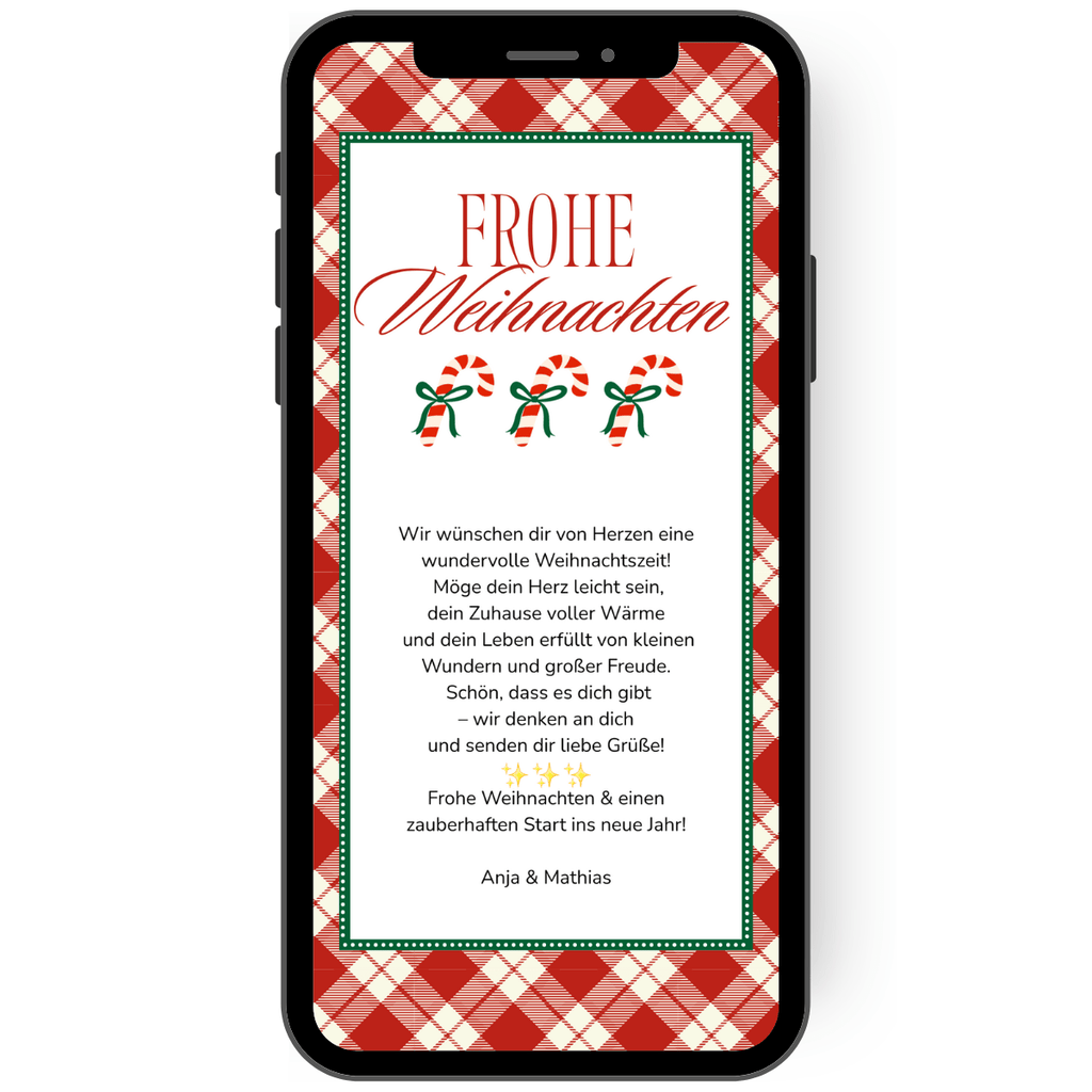 Digitale Weihnachtskarte mit Weihnachtskaro in grün rot und Zuckerstangen. Tolle Weihnachtskarte für WhatsApp