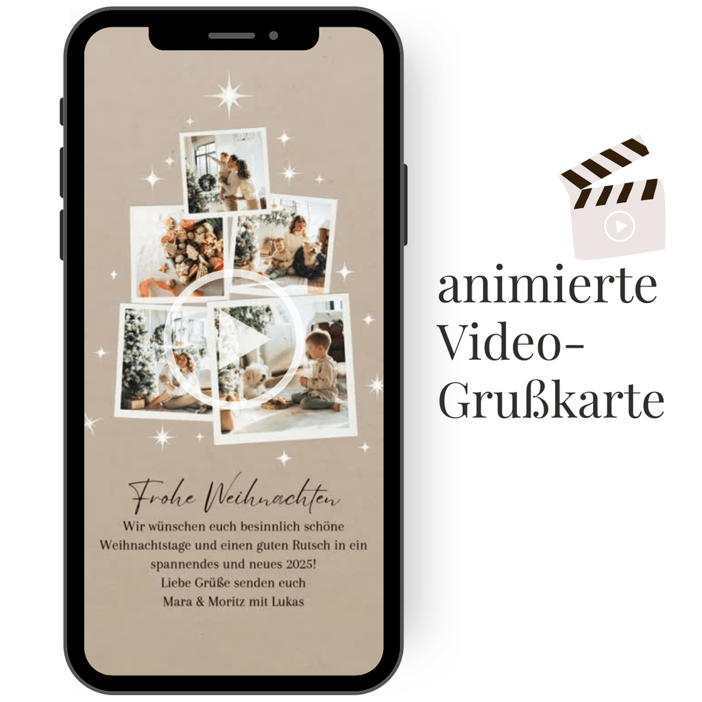 Edle digitale Weihnachtskarte mit Glitzeranimation und mehreren Familienfotos, personalisierbar mit eigenen Grüßen.