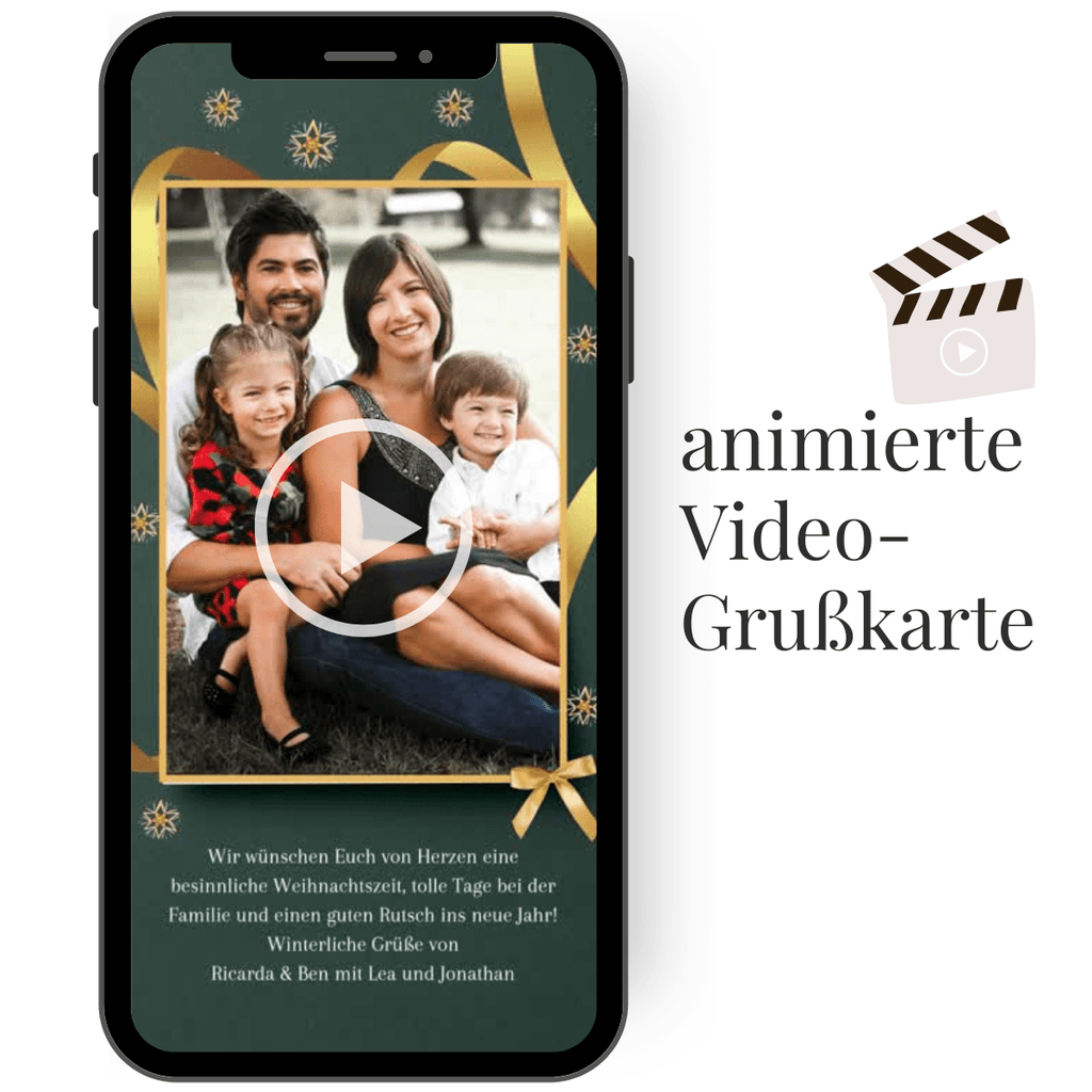Digitale Weihnachtskarte mit Foto als Grußkarte verziert mit goldener Schleife auf weihnachtlich grünem Hintergrund