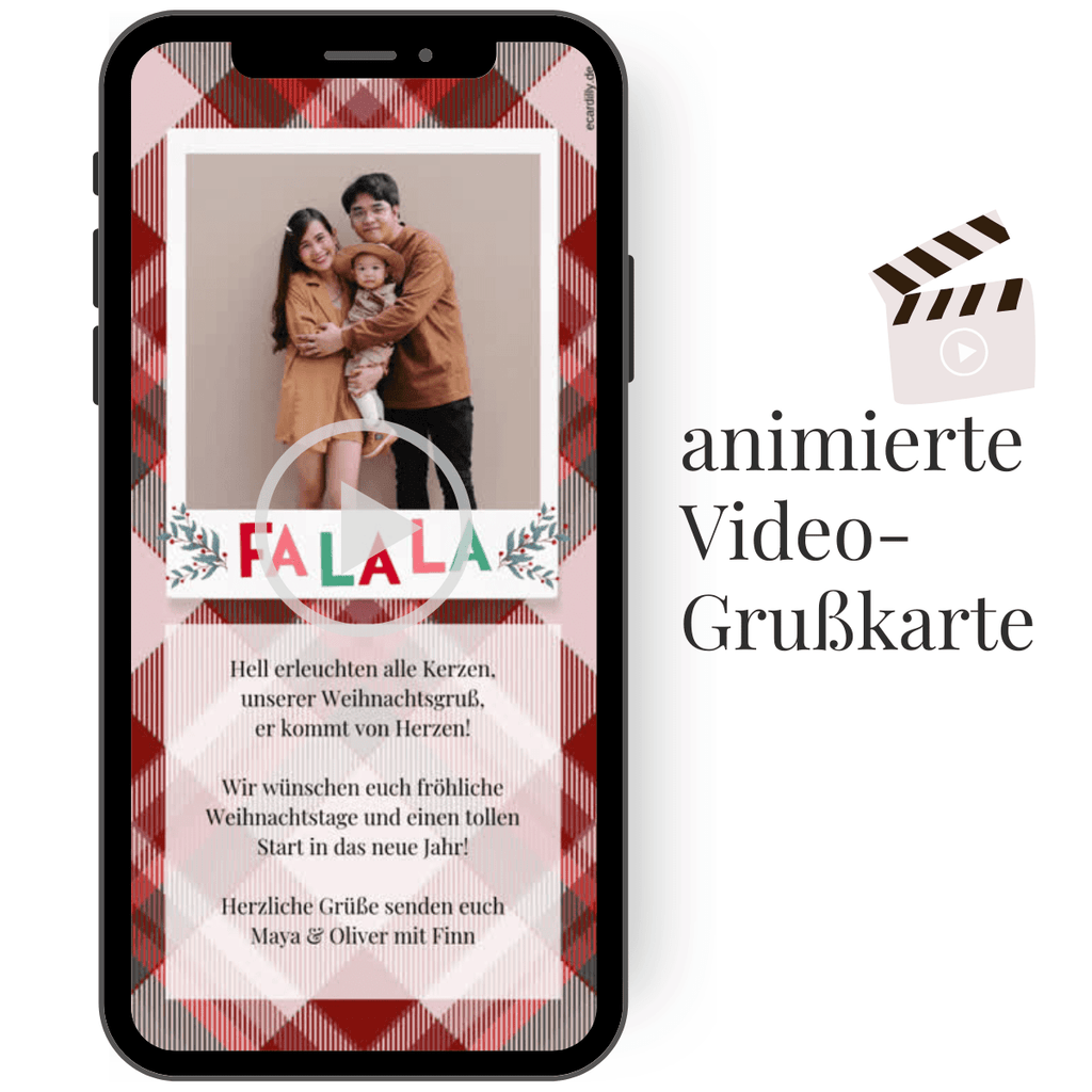 Personalisierbares WhatsApp-Weihnachtsvideo mit farbenfroher Schriftgestaltung und eigenem Foto für individuell erstellte Festtagsgrüße