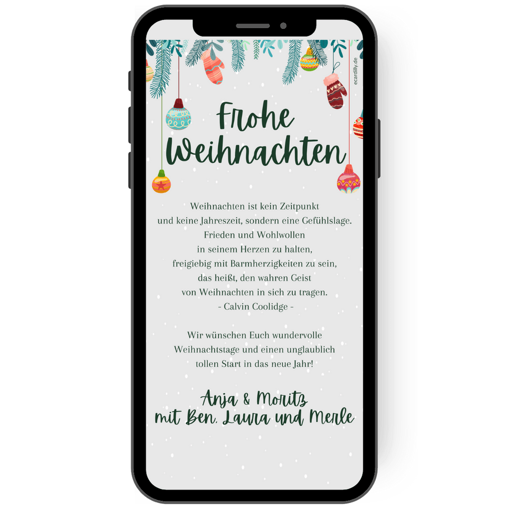 Weihnachtskarte mit Zuckerstange und bunten Kugeln, im Hintergrund ist ein Schneegestöber. Digitale Karte als Weihnachtskarte, Weihnachtsgruesse, Schneeflocke, Schnee, Zweige, Zuckerstange in modernen Farben de