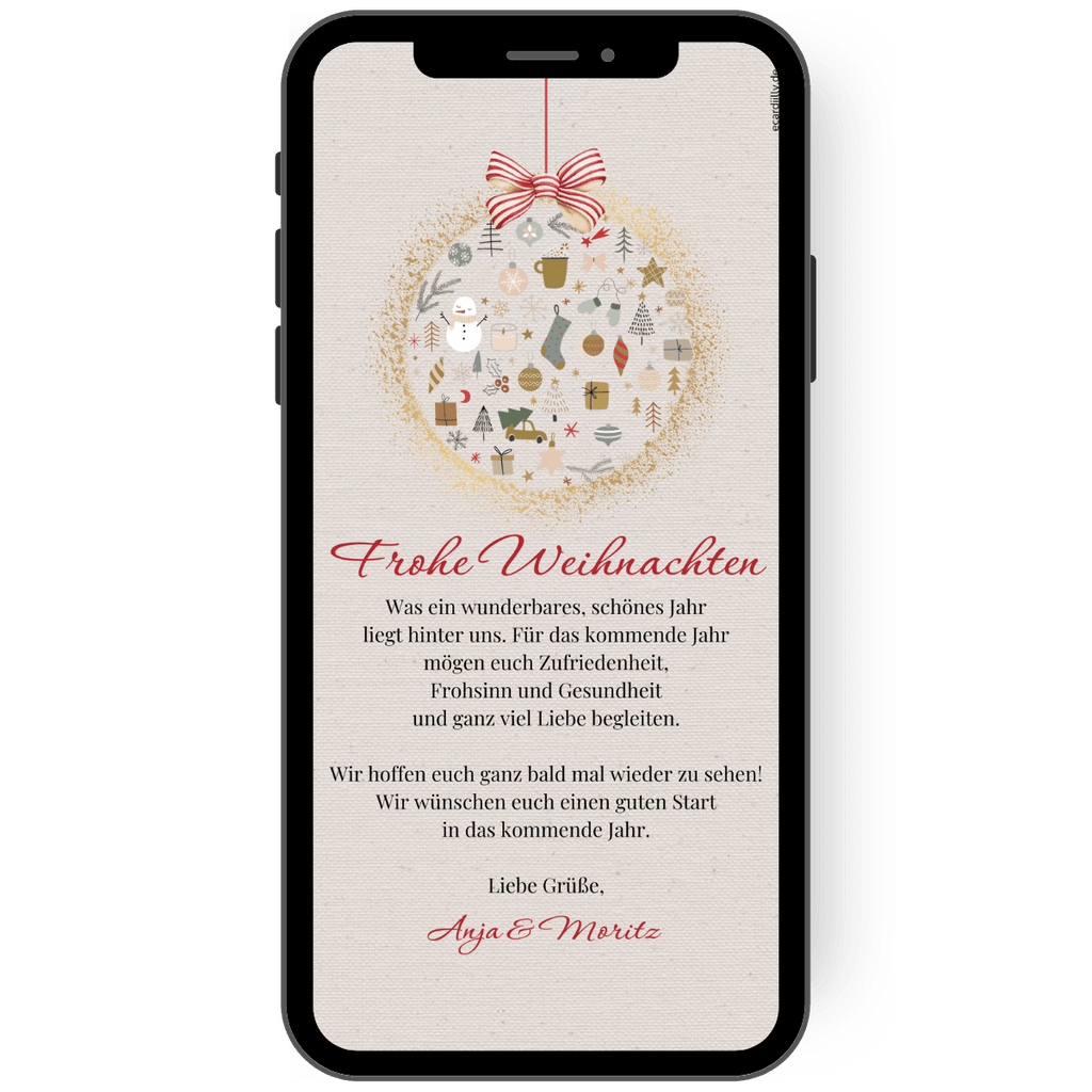 Digitale Weihnachtskarte mit Weihnachtsgrüssen. Weihnachtskugel mit vielen kleinen Weihnachtsmotiven und einem Leinenhintergrund. Dezente, moderne Farben in rot, gold, rose, beige de