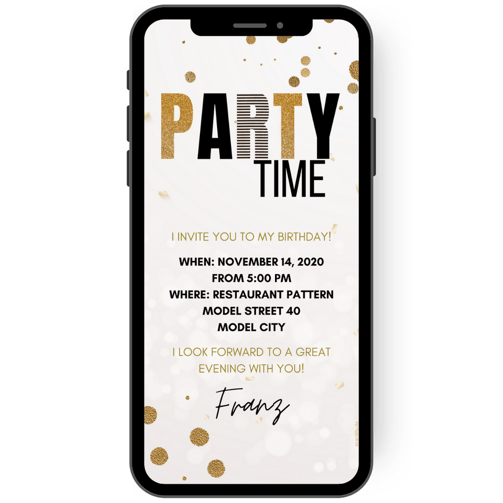 Great digital invitation for a party or birthday in gold white black