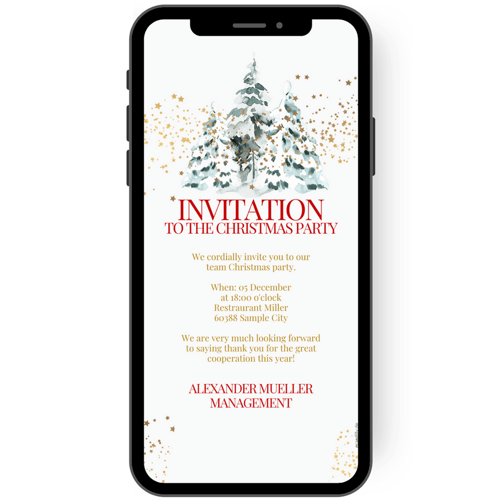 Digital invitation to the Christmas party, employee Christmas party, fir trees in golden snow with little stars can be seen on this great Christmas party invitation card. Writing in red and gold decorate this WhatsApp card. en
