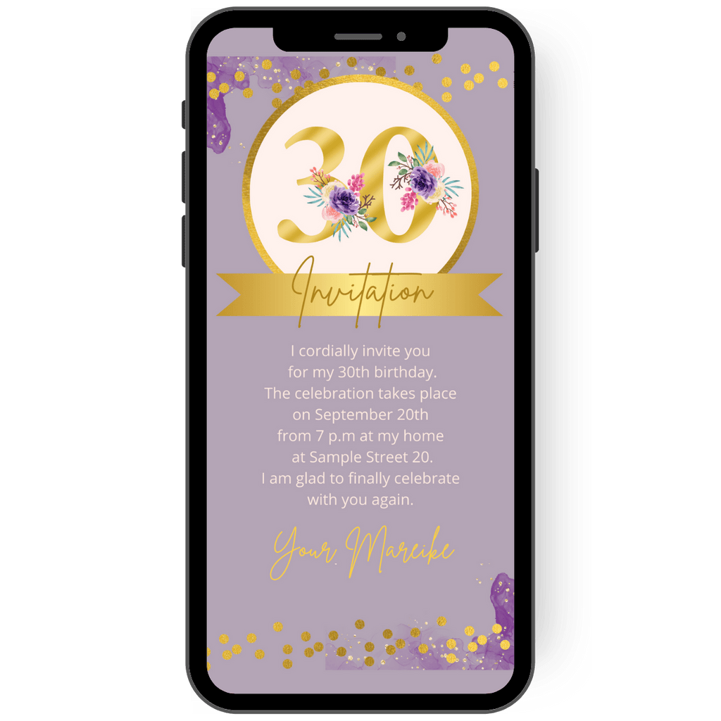 Invitation card in lilac with golden confetti dots and a large number in gold.