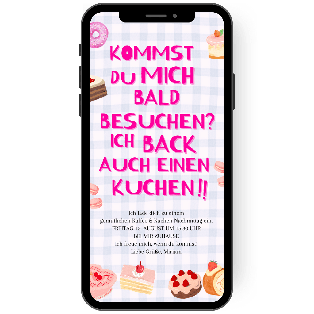 Tolle und liebevolle Einladung zum Kaffee Nachmittag mit pinker Schrift und Einladunstext