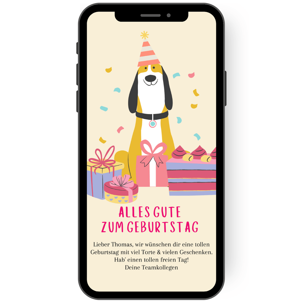 Tolle Grusskarte oder eCard zum Geburtstag. Ein kleine Hund wünscht mit Geburtstagstorte, Geschenk und Deko Alles Gute zum Geburtstag. eCard die du ganz leicht per whatsapp versenden kannst.