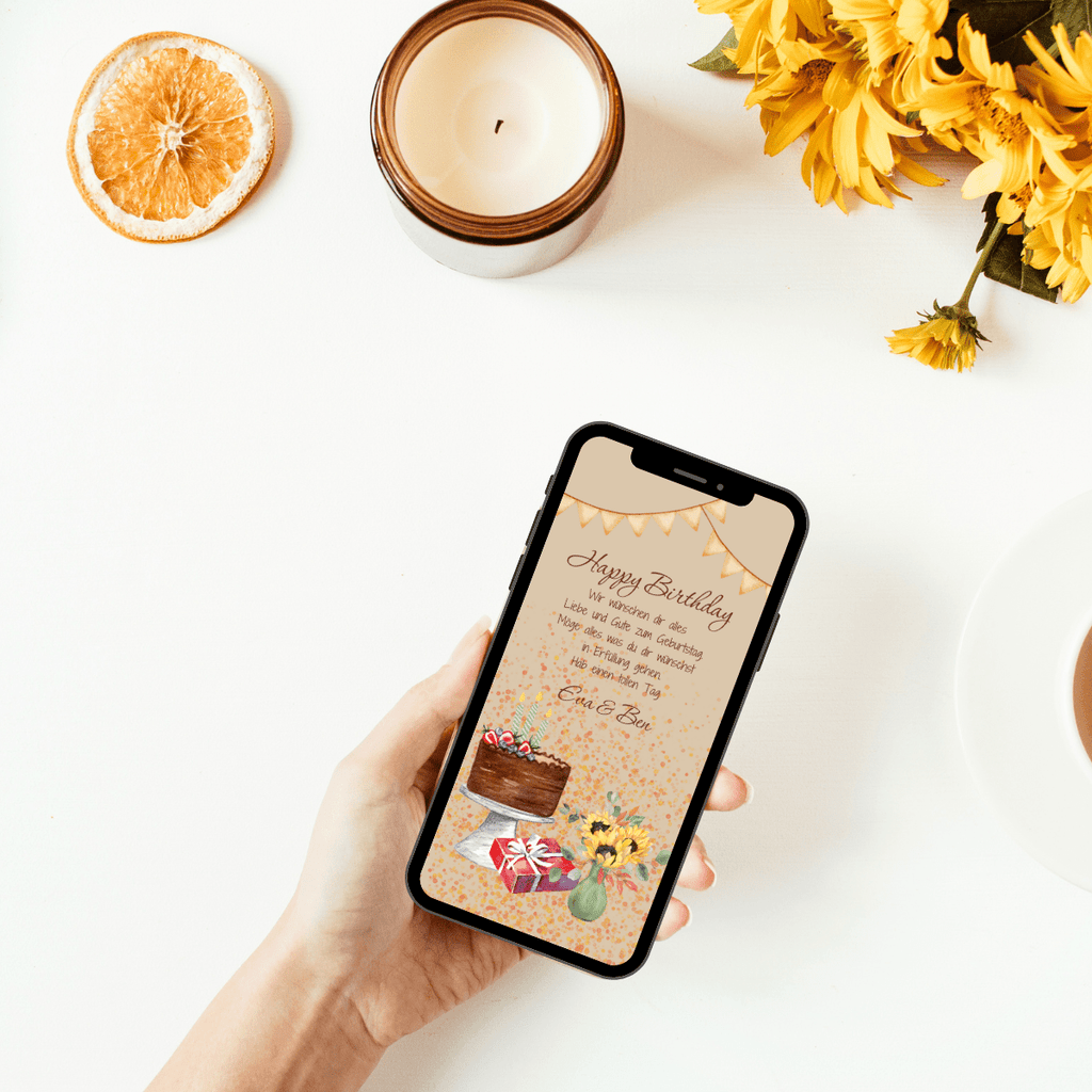 Digitale Geburtstagskarte WhatsApp mit Torte, Blumen und Geschenk