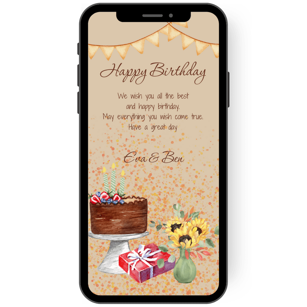 Digital WhatsApp birthday card with cake, flowers and gift