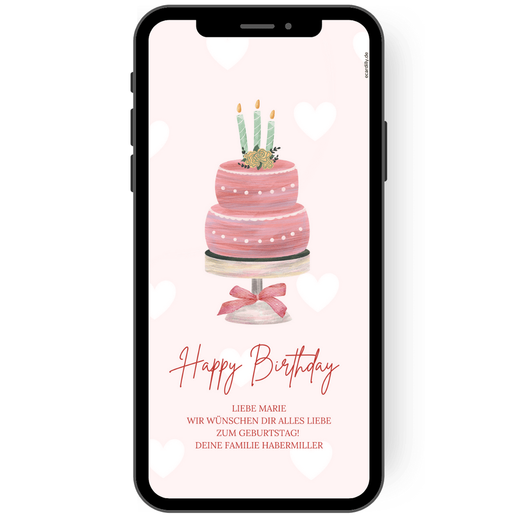 Tolle herzliche WhatsApp Geburtstagskarte mit Torte und Kerzen