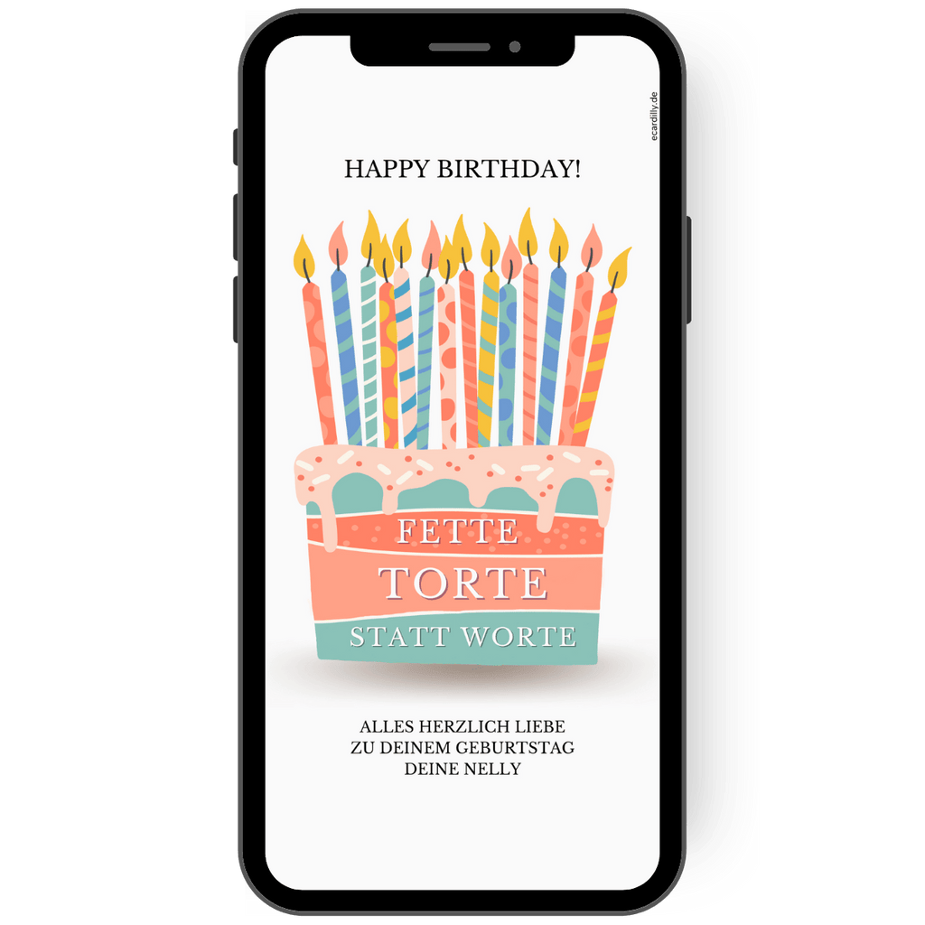 Tolle WhatsApp Geburtstagskarte mit einer fetten Torte anstatt Worte. Bunte Kerzen zieren die bunte Geburtstagstorte