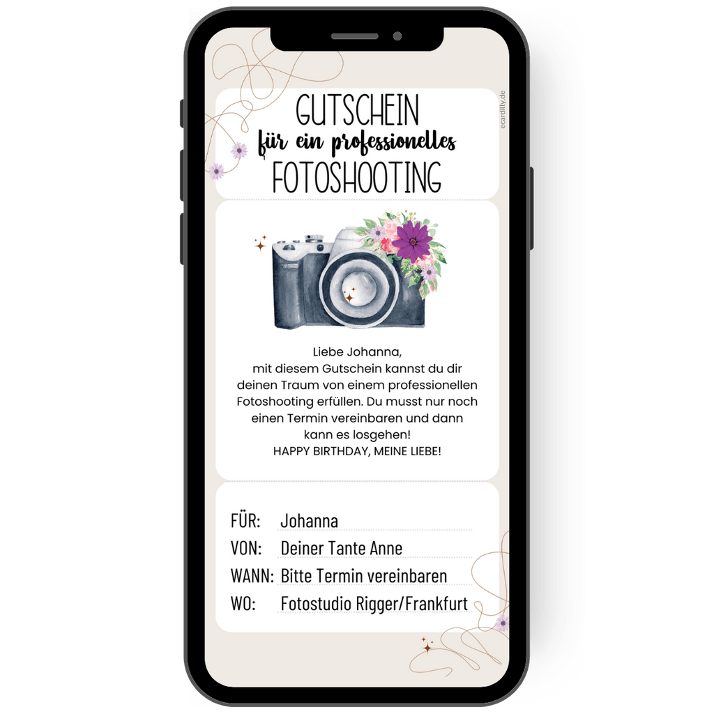 Liebevolle und wunderschöne Gutschein Vorlage digitaler Gutschein für WhatsApp mit einer Kamera und blumigen Layout für ein Fotoshooting