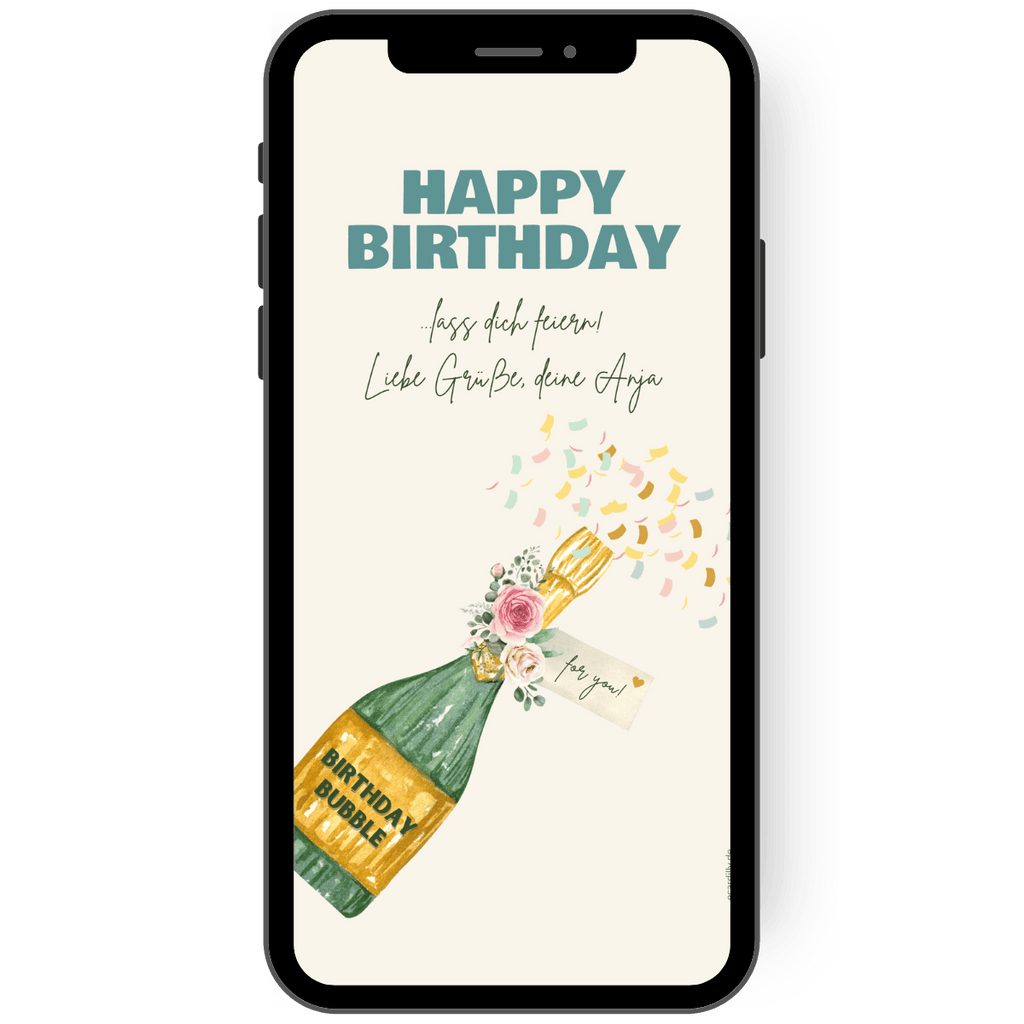 Karte mit Happy Birthday Schaumwein und lass dich feiern!
