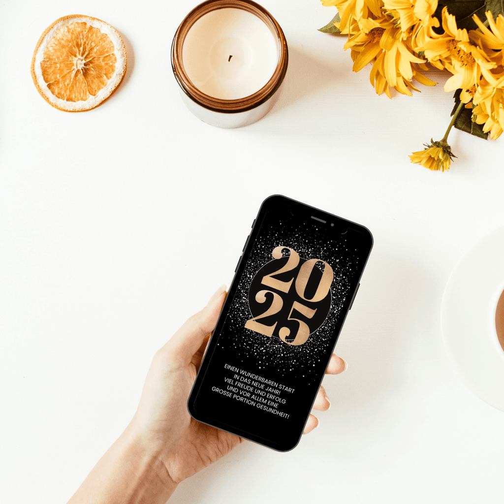 Tolle WhatsApp Neujahrskarte in gold schwarz mit Jahreszahl