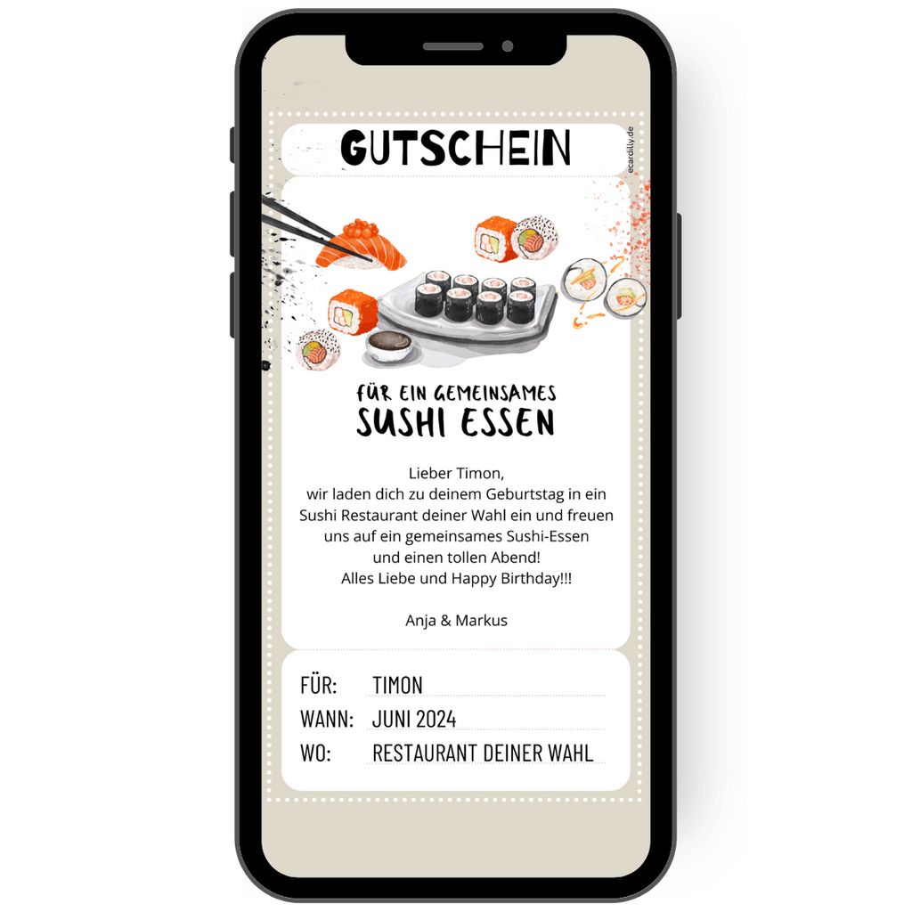 Gutschein Vorlage Sushi Essen für WhatsApp mit Sushi und Grafiken personalisierbar