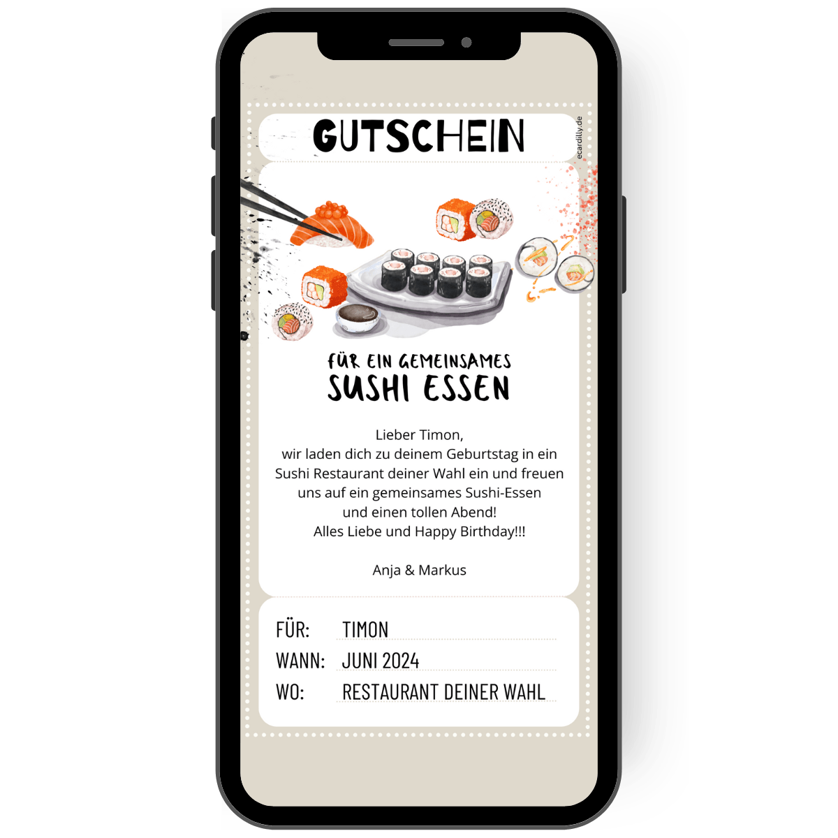 Personalisierbare Gutschein-Vorlage für ein Sushi-Essen – eCARDILLY