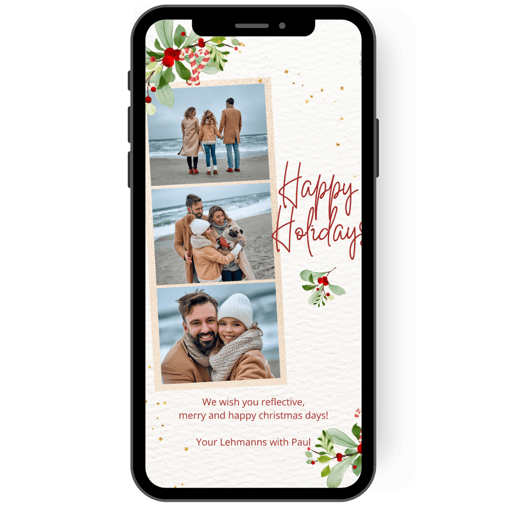 With this Christmas card with 3 photos and small twigs, candy canes and golden stars, you can surprise everyone and send personalized Christmas greetings. en