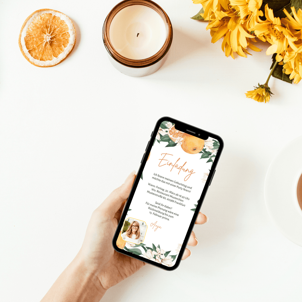 WhatsApp Einladungskarte mit Foto und Blueten und Orangen