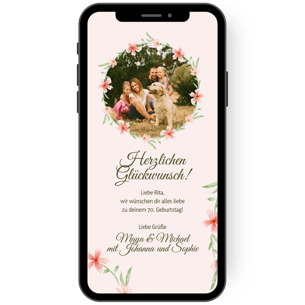 Tolle Glückwunschkarte zum Geburtstag mit Foto und persönlichem Text. Die Karte ist rosa und hat Blumenranken um das Foto.
