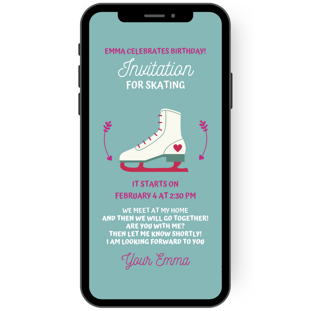 Invitation to skate with a white skate on a turquoise background