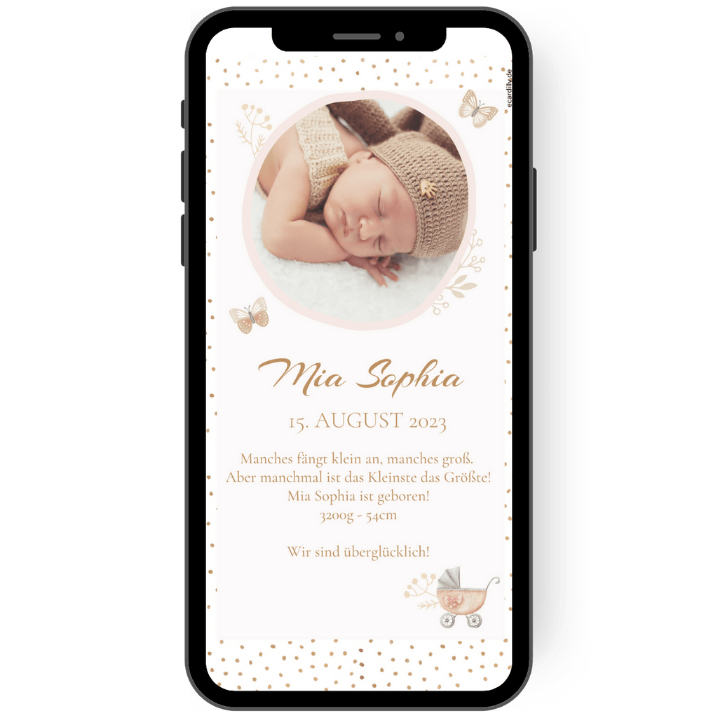 Tolle liebevolle Babykarte um die Geburt eines Kindes über WhatsApp zu verkünden. Zarte Pastellfarben und liebevolle Motive