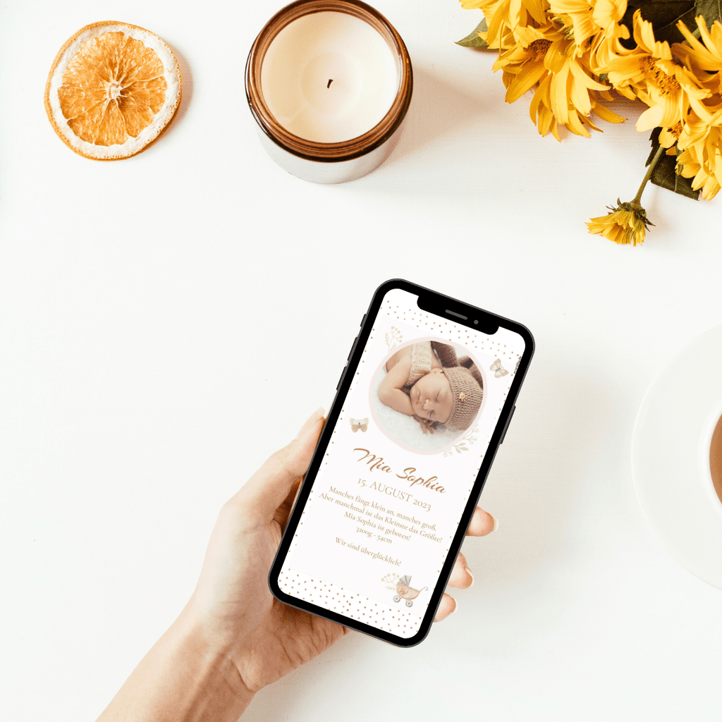 Tolle liebevolle Babykarte um die Geburt eines Kindes über WhatsApp zu verkünden. Zarte Pastellfarben und liebevolle Motive