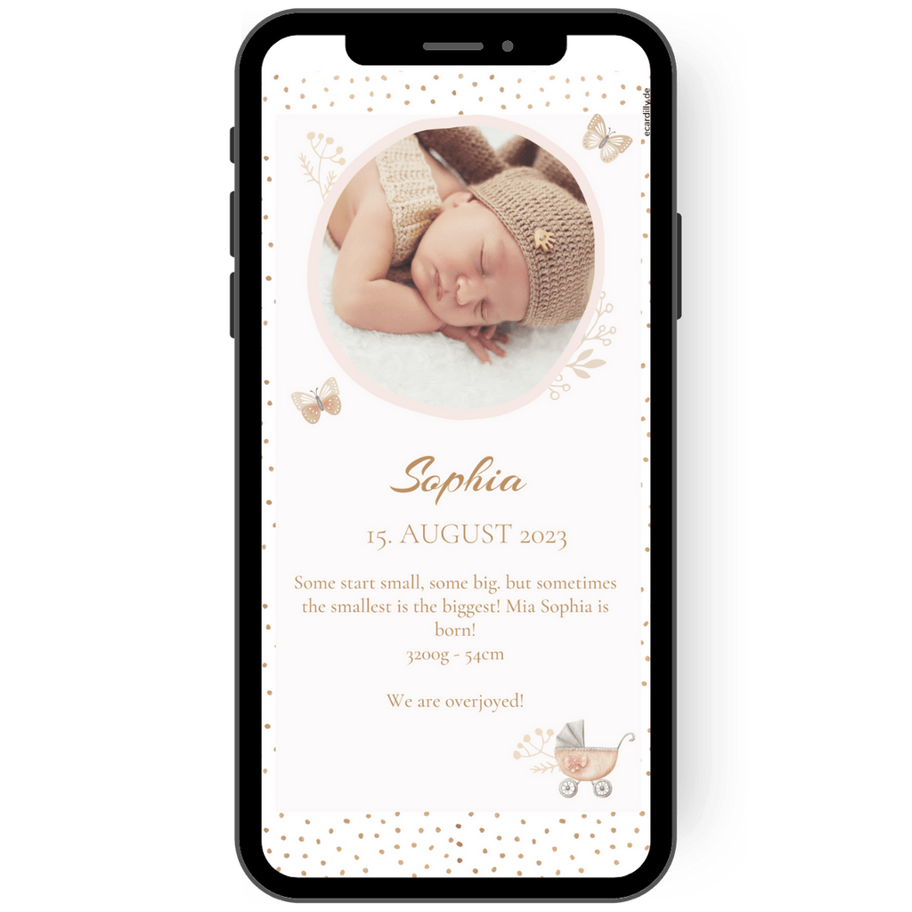 Great loving baby card to announce the birth of a child via WhatsApp. Delicate pastel colors and loving motifs