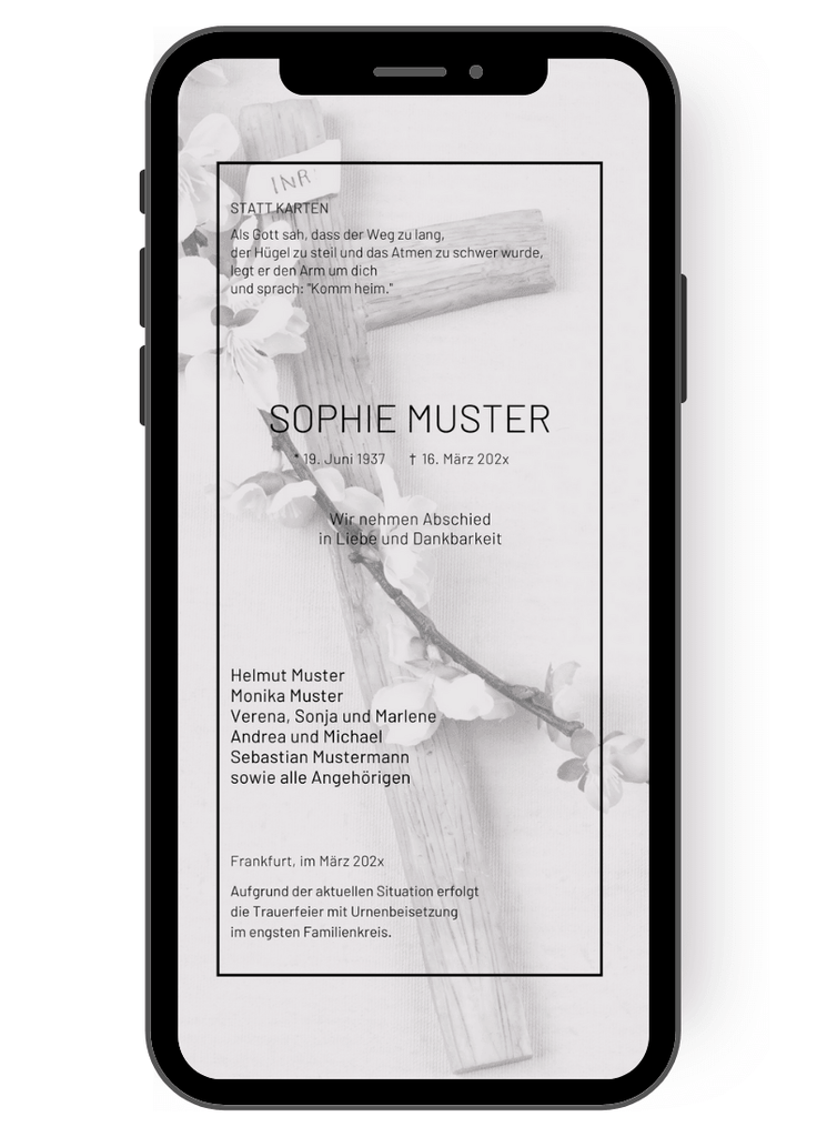 Trauerkarte mit Holzkreuz und einem Blütenzweig im Hintergrund sowie allen wichtigen Infos zum Verstorbenen und zur Trauerfeier de