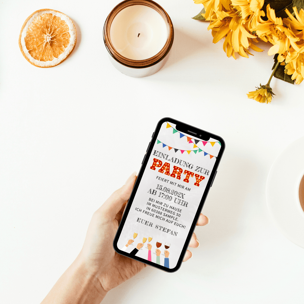 eCard zur Party - Einladungskarte zum Geburtstag - Einladung - Partylight - Wimpelkette - Weingläser - Partyeinladung 