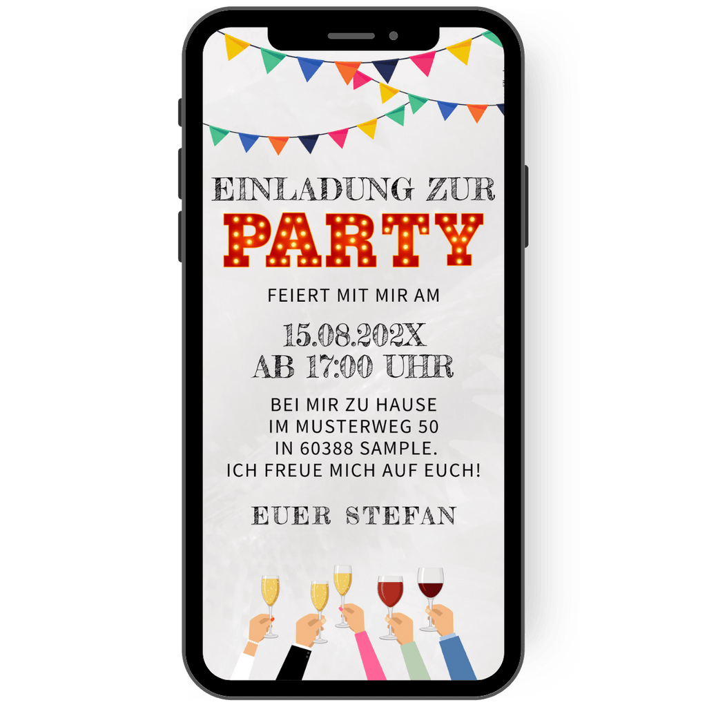 eCard zur Party - Einladungskarte zum Geburtstag - Einladung - Partylight - Wimpelkette - Weingläser - Partyeinladung 