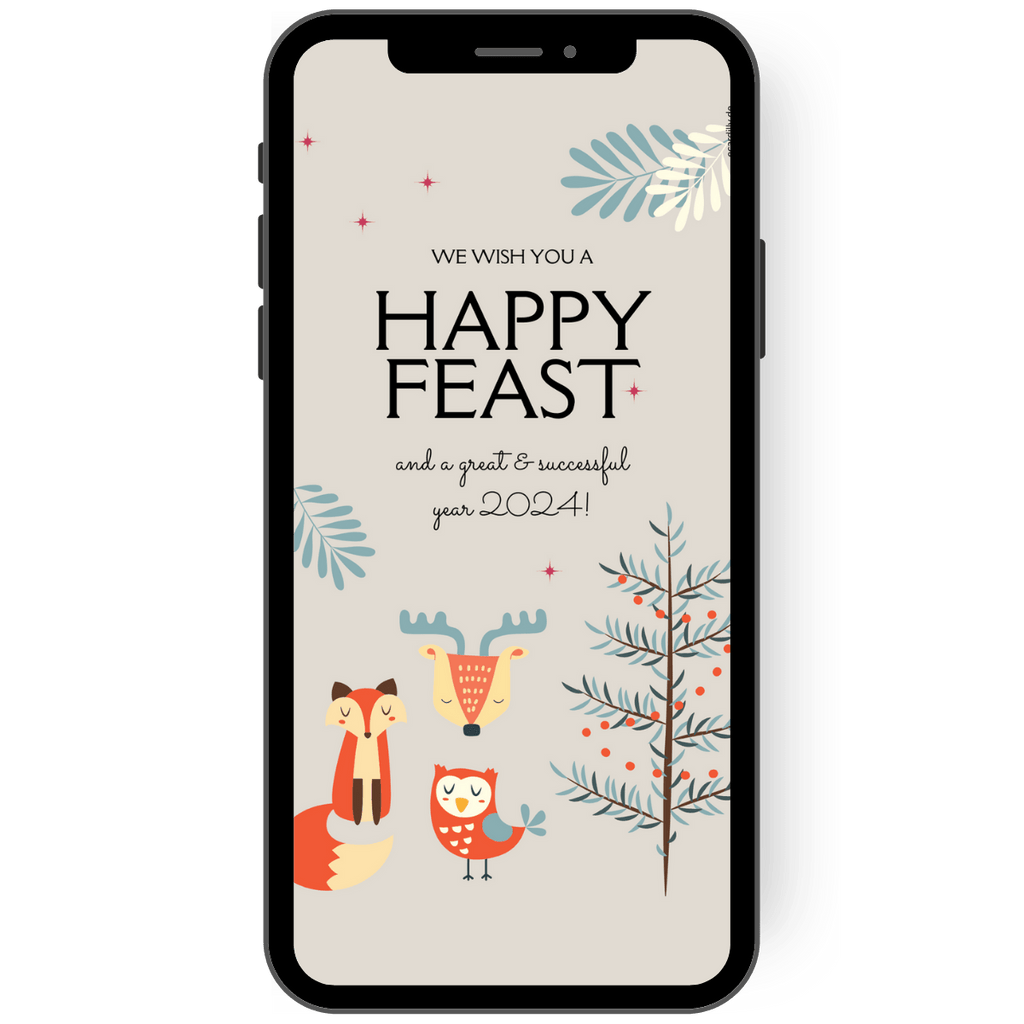 Merry Christmas: Weihnachtsgrüße on soft brown background with fox, owl and reindeer next to a fir tree en