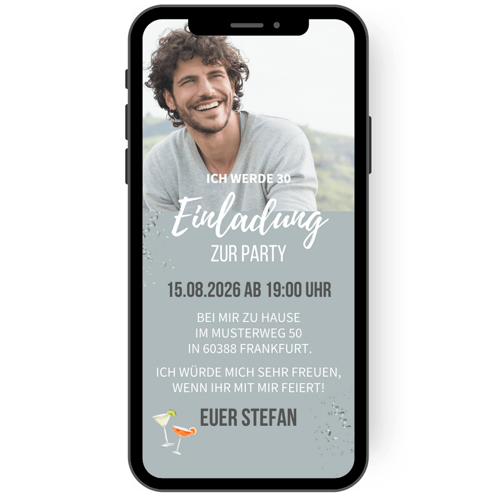 Einladungskarte als digitale Einladung mit eigenem Foto zum 40. 30. 50. Geburtstag versenden.