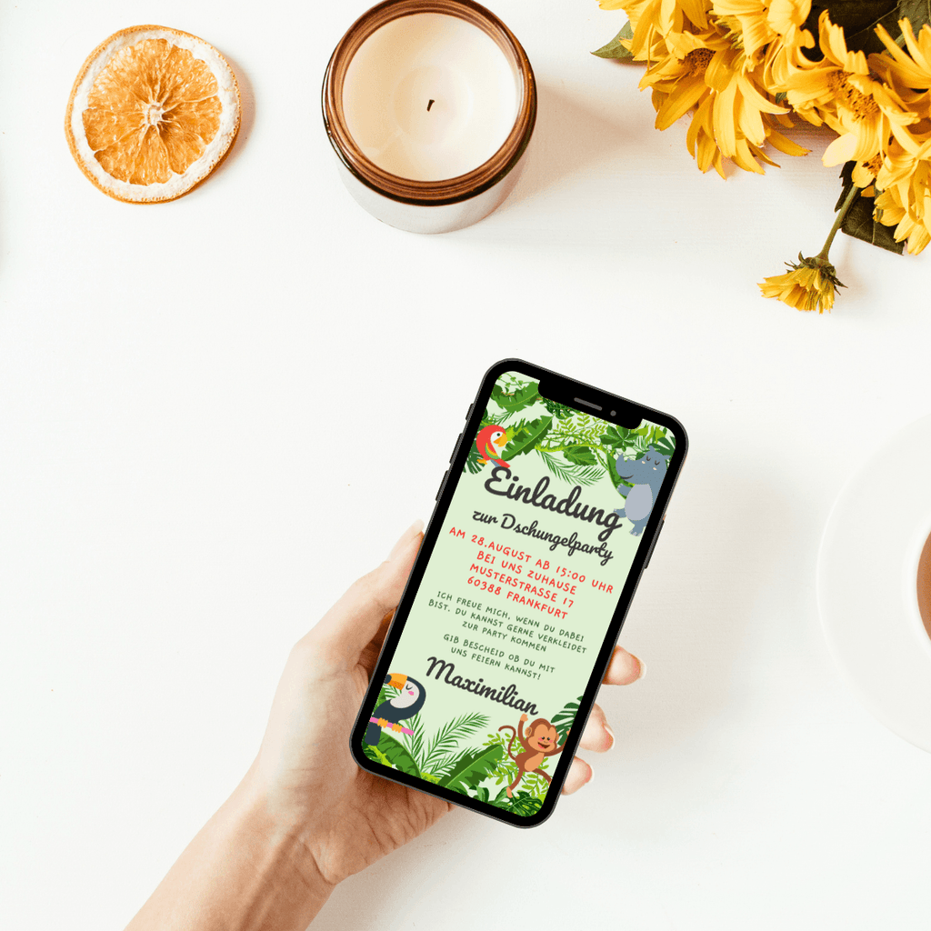 digitale Einladungskarte zum Kindergeburtstag - Mottoparty - Dschungel - Tiere - Grün - digital 