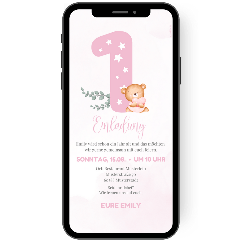 Einladung zum Kindergeburtstag mit der Zahl 1 rosa Bär Kissen für kleine Babys und Mädchen