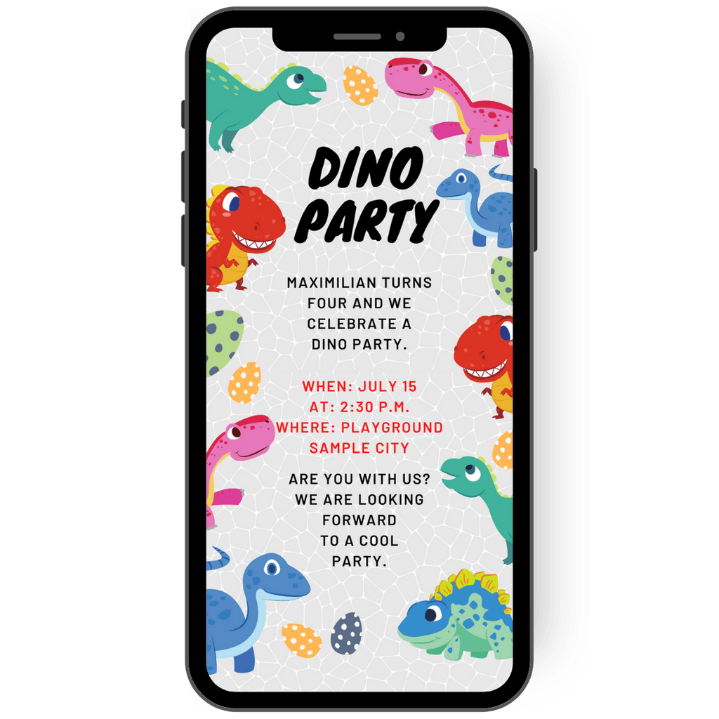 Children's birthday party invitation Dino Dinosaur theme party. Colorful invitation to a children's birthday party.