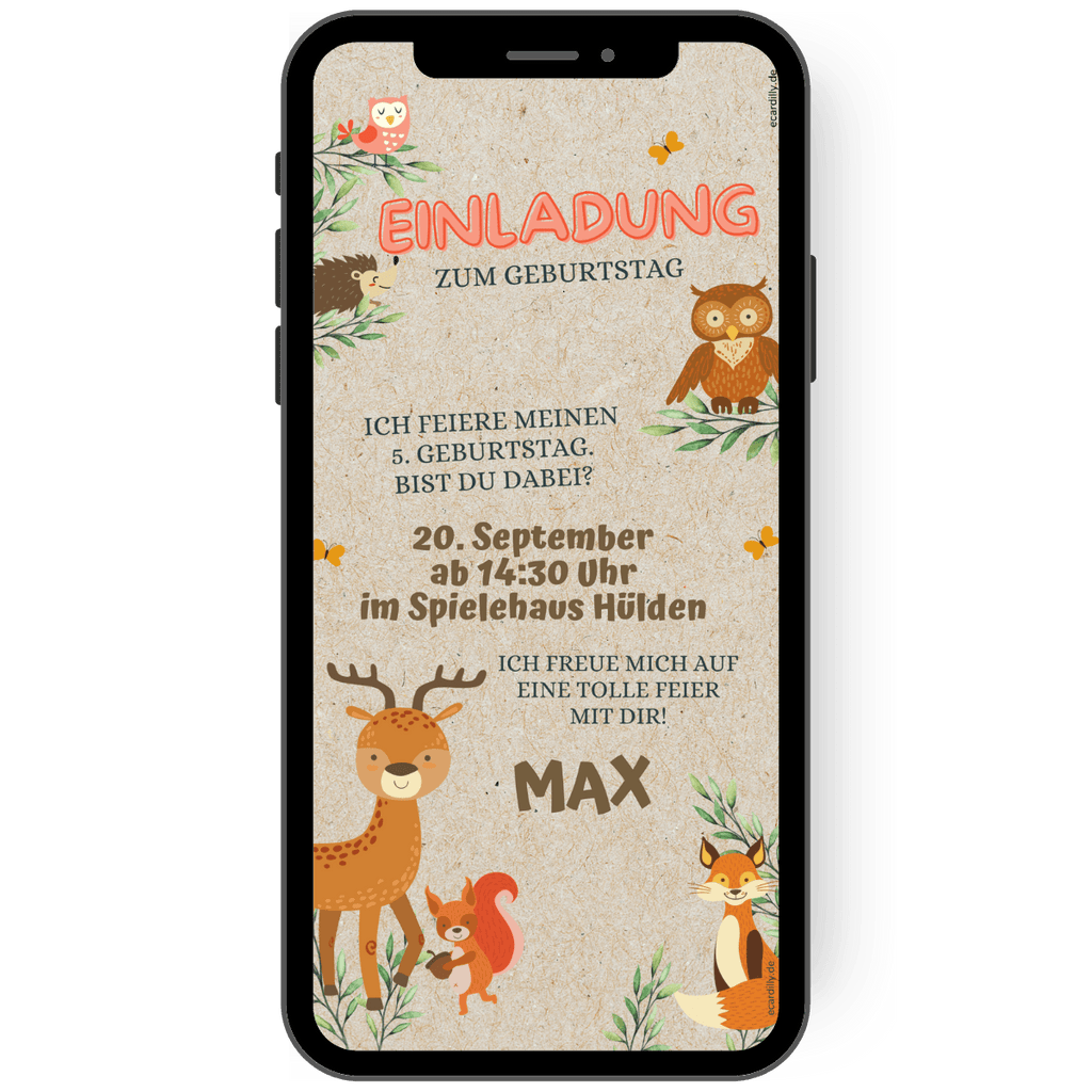 whatsapp Einladungskarte in braun und orange mit kleinen Waldtieren wie Reh, Eule, Igel und Fuchs. Die Einladungskarte zum Kindergeburtstag kann man als eCard versenden.