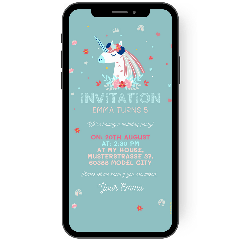Invitation card for a children's birthday party with a beautiful unicorn on a light petrol-colored background. Small flowers and delicate rainbows, hearts and crowns are depicted around the unicorn and the personal invitation text.