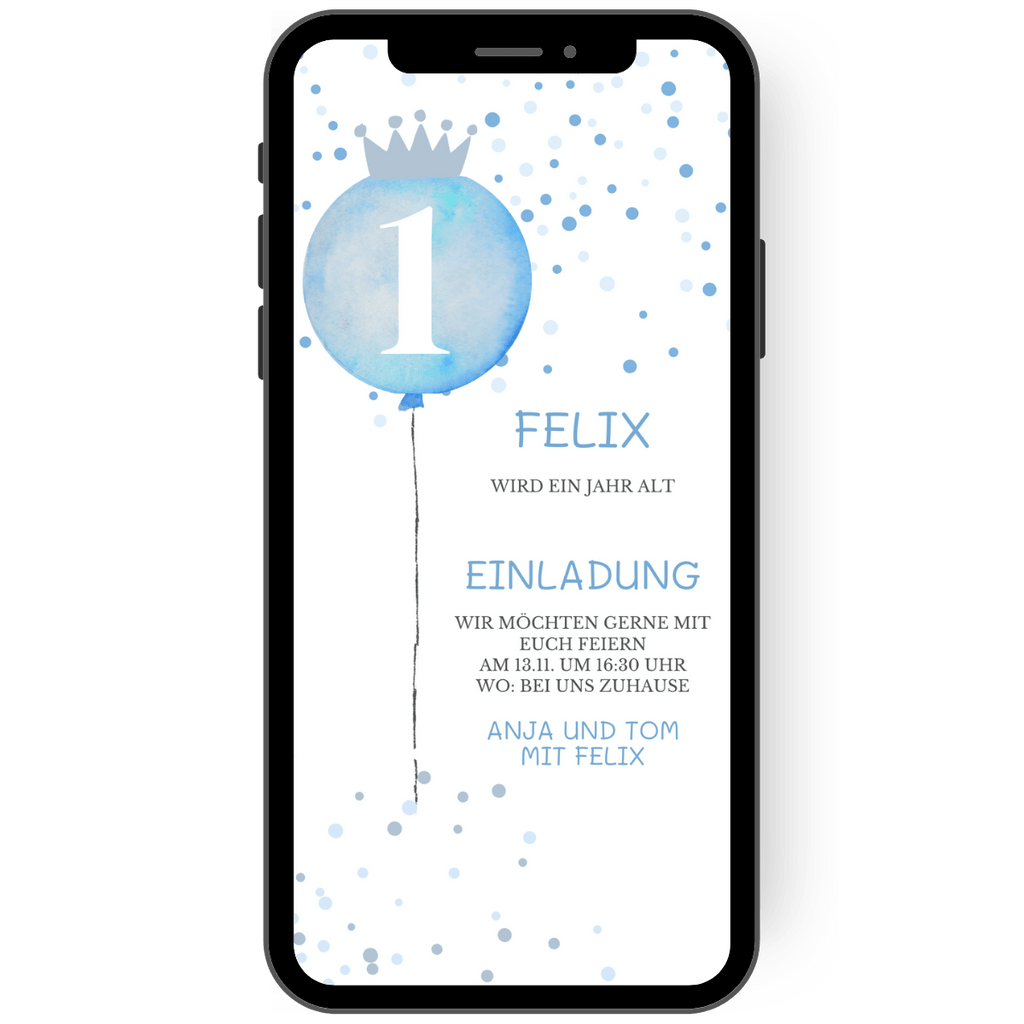 Tolle Babykarte zum Geburtstag mit einem blauen Ballon und kleinen Punkten in Blau. Whatsapp vorlage zum geburtstag