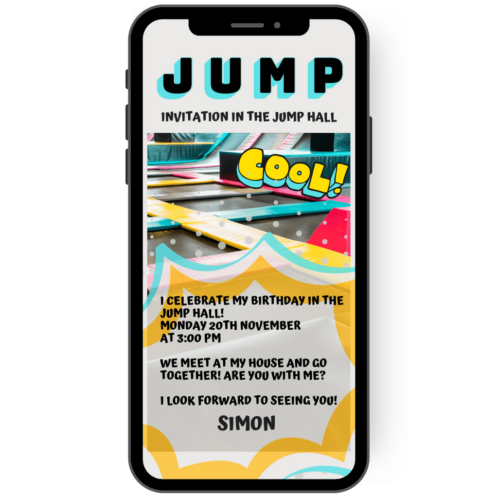 Celebrate your birthday in the Jumphalle: The invitation card shows trampoline fields and the word Cool . Send a colorful eCard for birthday parties