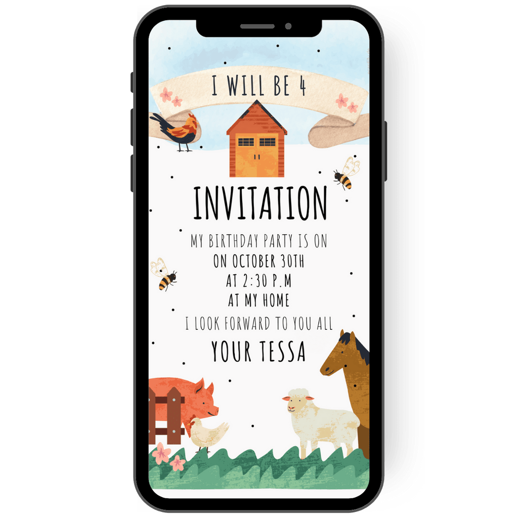 Digital invitation card for a children's birthday party on the theme of a farm with horse, pig, sheep, hen and cockerel, bees and farm.