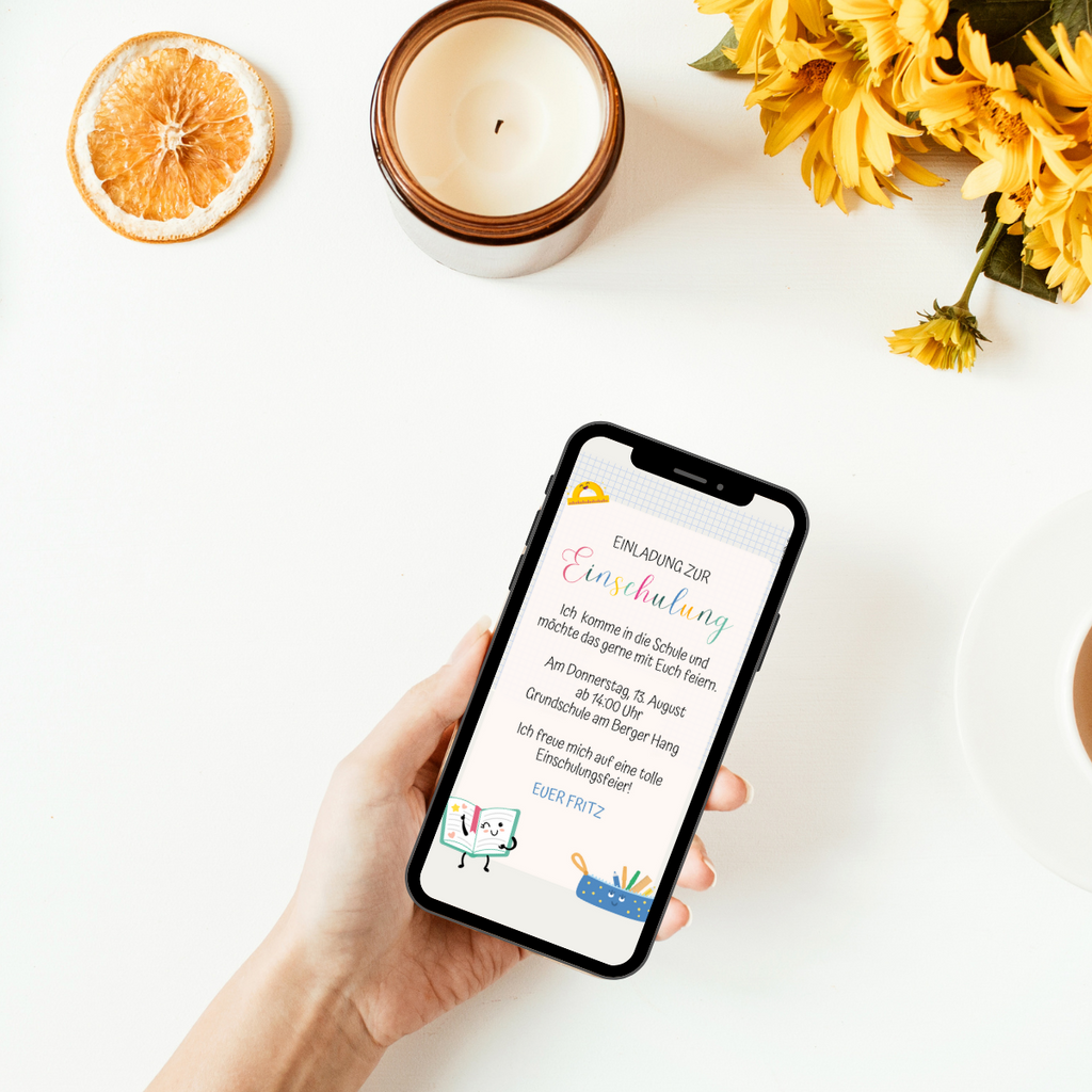 digitale Einladung zu deiner Einschulung - endlich Schulkind - digital - Einladungskarte zur Einschulung - WhatsApp - digital