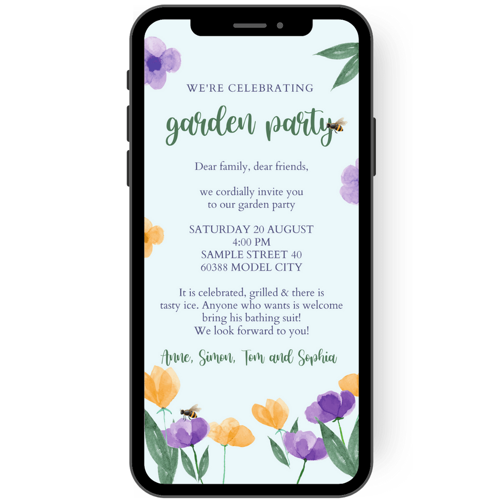 Pale blue invitation card to a garden party with orange and purple flowers with two little bees sitting on them. Sent digitally via cell phone.