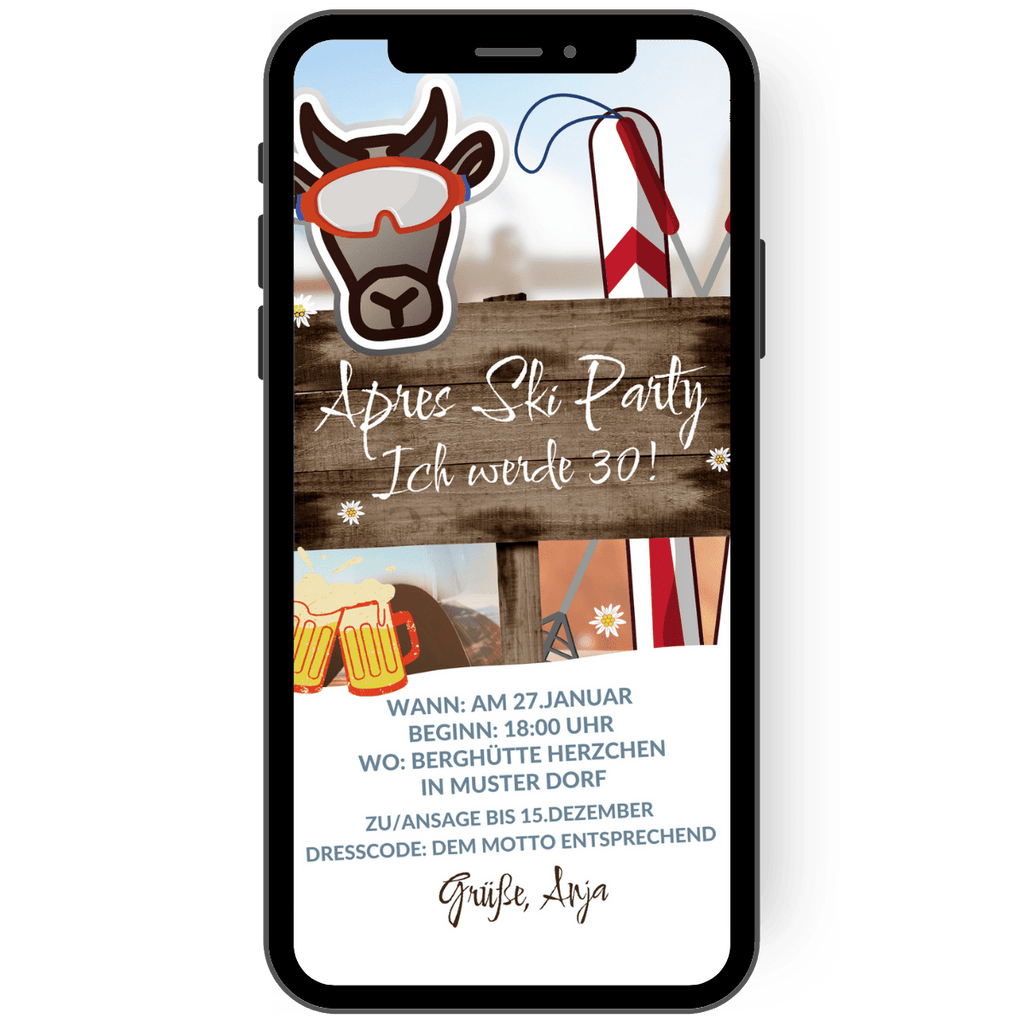 Einladungskarte für eine Apres-Ski-Party. Der Anlass steht zentral auf einem rustikalen Holzbrett mitten auf der Einladung. Eine Kuh mit Skibrille, Ski plus Stöcke und zwei Biergläser sind als Motive auf der papierlosen Geburtstagseinladung abgebildet