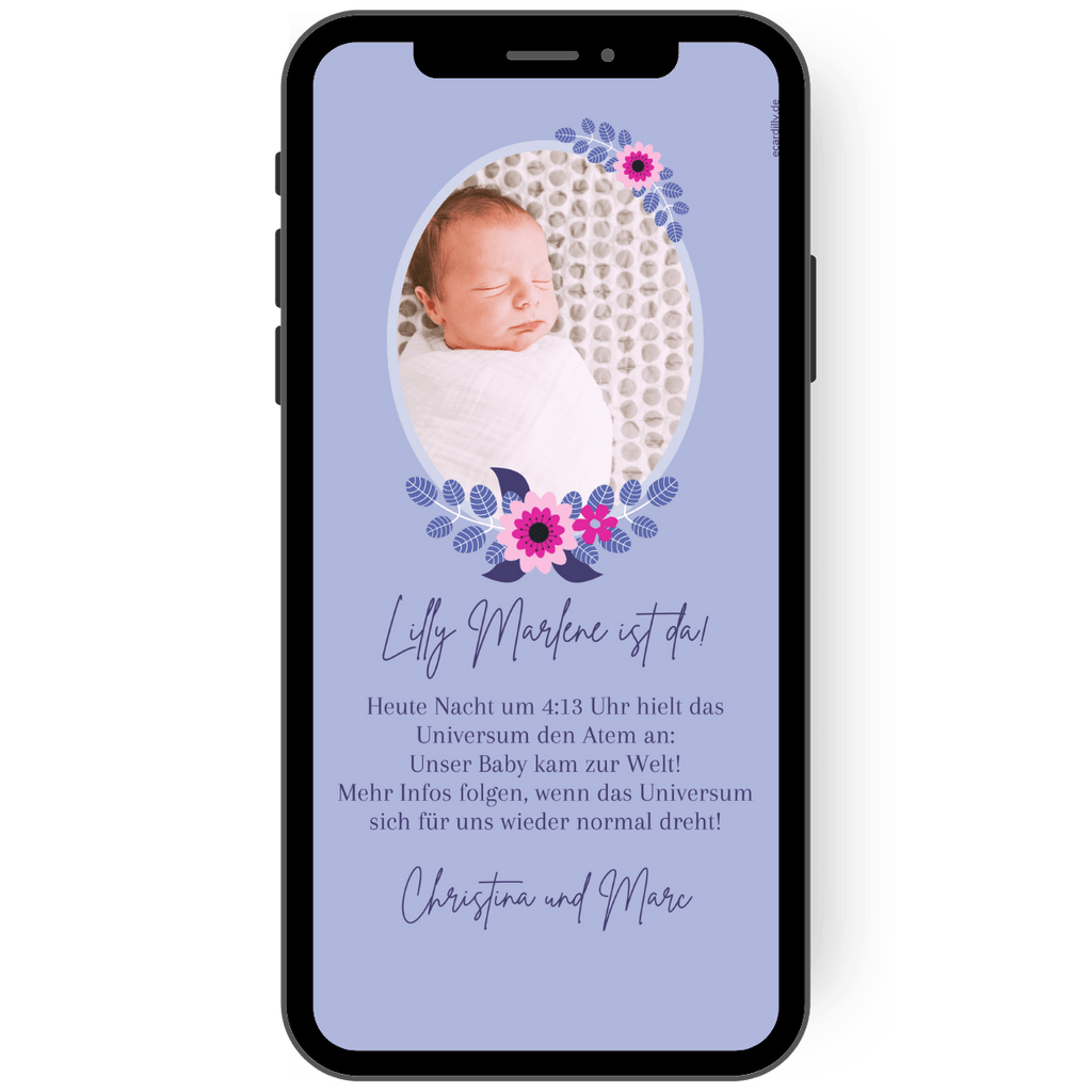 Wunderschöne papierlose Babykarte mit Foto und Blüten um die Geburt deines Kindes zu verkünden