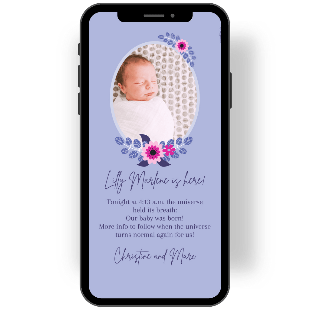 Beautiful paperless baby card with photo and flowers to announce the birth of your child