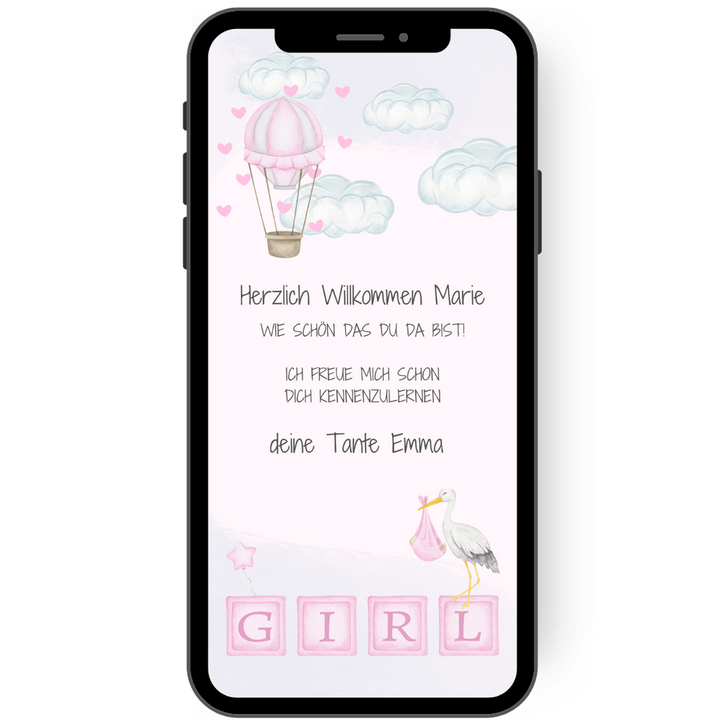eCard zur Geburt - Herzlich Willkommen - Willkommensgrüße - rosa - Mädchen - Heißluftballon - Storch - GIRL