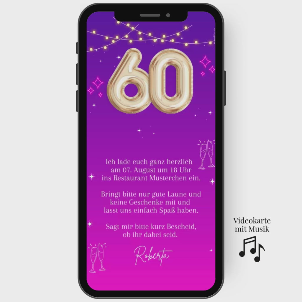 Animierte Einladungskarte zum 60 Geburtstag in pink mit Zahl