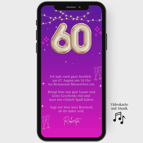 Animierte Einladungskarte zum 60 Geburtstag in pink mit Zahl