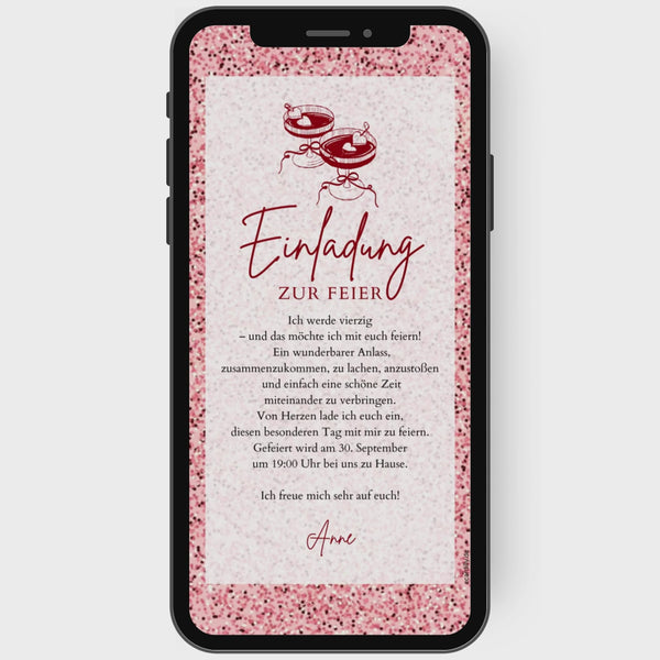 Digitale Einladungskarte animiert rosa Glitter Glanz mit Cocktails in rosa, rot, altrosa